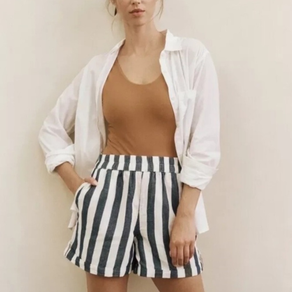 Pact‎ The Harbor Tab Shorts in Mariner Stripe Organic Cotton Linen Medium